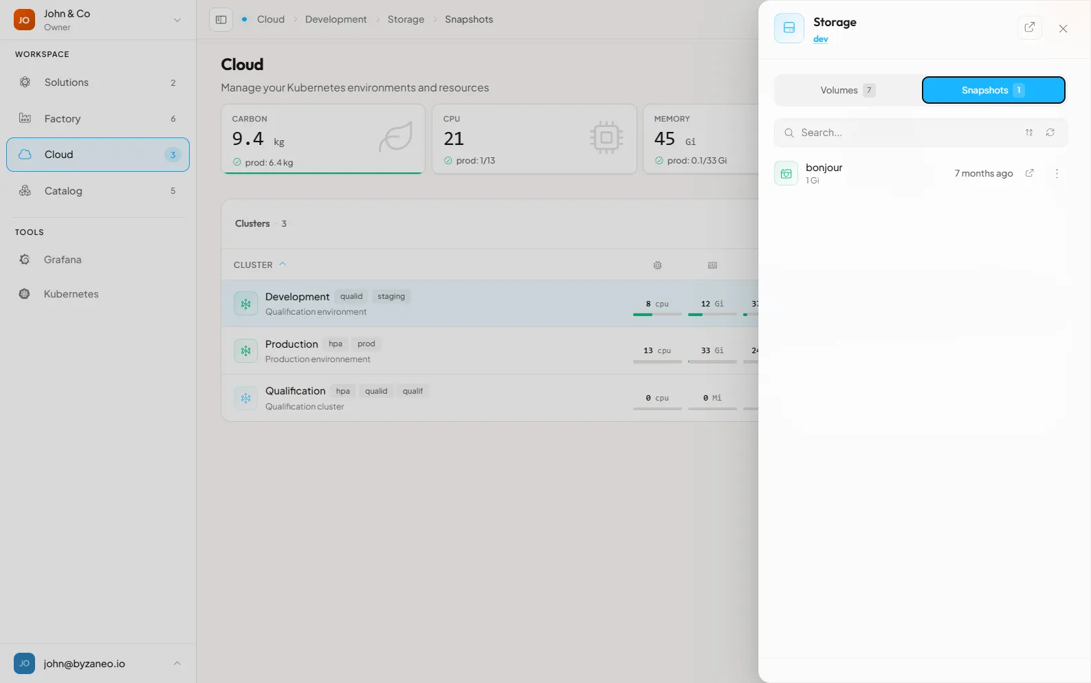 The Snapshots tab of the Cloud Storage panel, listing a cluster's volume snapshots